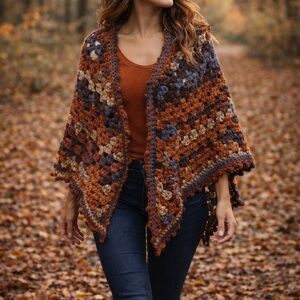 Handmade Crochet Shawl Granny Wrap Burgundy Blue Orange Brown One Size